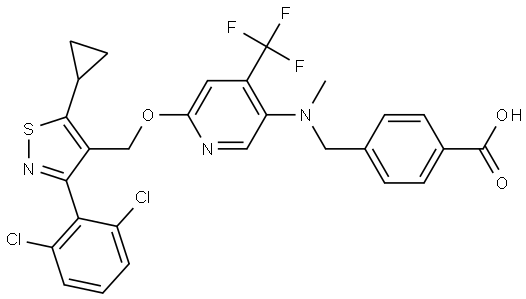 Benzoic acid, 4-[[[6-[[5-cyclopropyl-3-(2,6-dichlorophenyl)-4-isothiazolyl]methoxy]-4-(trifluoromethyl)-3-pyridinyl]methylamino]methyl]- Struktur