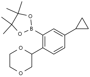 2-(5-cyclopropyl-2-(1,4-dioxan-2-yl)phenyl)-4,4,5,5-tetramethyl-1,3,2-dioxaborolane Struktur