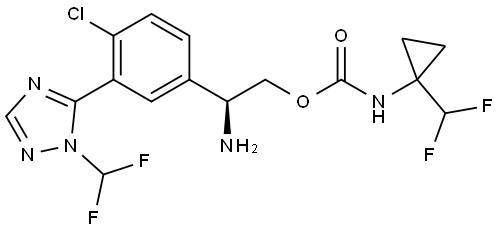 (S)-2-amino-2-(4-chloro-3-(1-(difluoromethyl)-1H-1,2,4-triazol-5-yl)phenyl)ethyl (1-(difluoromethyl)cyclopropyl)carbamate Struktur