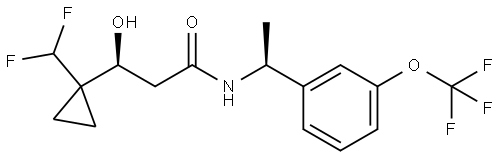 (S)-3-(1-(difluoromethyl)cyclopropyl)-3-hydroxy-N-((S)-1-(3-(trifluoromethoxy)phenyl)ethyl)propanamide Struktur