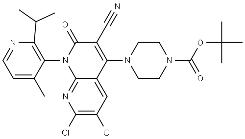 1-Piperazinecarboxylic acid, 4-[6,7-dichloro-3-cyano-1,2-dihydro-1-[4-methyl-2-(1-methylethyl)-3-pyridinyl]-2-oxo-1,8-naphthyridin-4-yl]-, 1,1-dimethylethyl ester Struktur