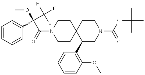 tert-butyl (R)-1-(2-methoxyphenyl)-9-((R)-3,3,3-trifluoro-2-methoxy-2-phenylpropanoyl)-3,9-diazaspiro[5.5]undecane-3-carboxylate Struktur