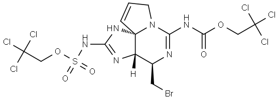 2,2,2-trichloroethyl ((3aS,4R,10aR)-4-(bromomethyl)-6-(((2,2,2-trichloroethoxy)carbonyl)imino)-3a,4,5,6-tetrahydro-1H,8H-pyrrolo[1,2-c]purin-2(3H)-ylidene)sulfamate Struktur