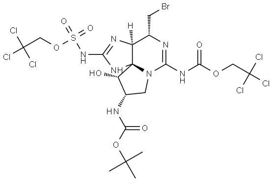 2,2,2-trichloroethyl ((3aS,4R,9S,10S,10aS)-4-(bromomethyl)-9-((tert-butoxycarbonyl)amino)-10-hydroxy-6-(((2,2,2-trichloroethoxy)carbonyl)imino)hexahydro-1H,8H-pyrrolo[1,2-c]purin-2(3H)-ylidene)sulfamate Struktur