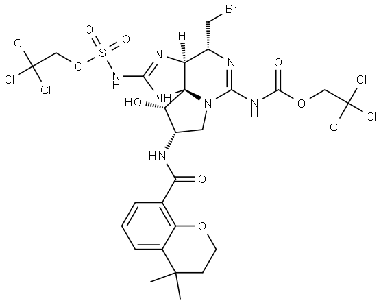 2,2,2-trichloroethyl ((3aS,4R,9S,10S,10aS)-4-(bromomethyl)-9-(4,4-dimethylchromane-8-carboxamido)-10-hydroxy-6-(((2,2,2-trichloroethoxy)carbonyl)imino)hexahydro-1H,8H-pyrrolo[1,2-c]purin-2(3H)-ylidene)sulfamate Struktur