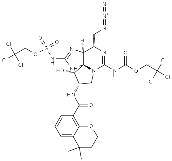 2,2,2-trichloroethyl ((3aS,4S,9S,10S,10aS)-4-(azidomethyl)-9-(4,4-dimethylchromane-8-carboxamido)-10-hydroxy-6-(((2,2,2-trichloroethoxy)carbonyl)imino)hexahydro-1H,8H-pyrrolo[1,2-c]purin-2(3H)-ylidene)sulfamate Struktur