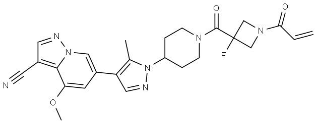 6-(1-(1-(1-acryloyl-3-fluoroazetidine-3-carbonyl)piperidin-4-yl)-5-methyl-1H-pyrazol-4-yl)-4-methoxypyrazolo[1,5-a]pyridine-3-carbonitrile Struktur