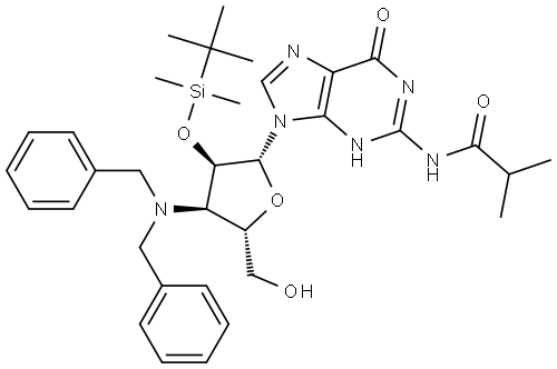 N-(9-((2R,3R,4R,5S)-3-((tert-butyldimethylsilyl)oxy)-4-(dibenzylamino)-5-(hydroxymethyl)tetrahydrofuran-2-yl)-6-oxo-6,9-dihydro-1H-purin-2-yl)isobutyramide Struktur