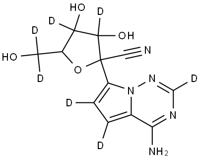 2-(4-aminopyrrolo[2,1-f][1,2,4]triazin-7-yl-2,5,6-d3)-3,4-dihydroxy-5-(hydroxymethyl-d2)tetrahydrofuran-2-carbonitrile-3,4-d2 Struktur