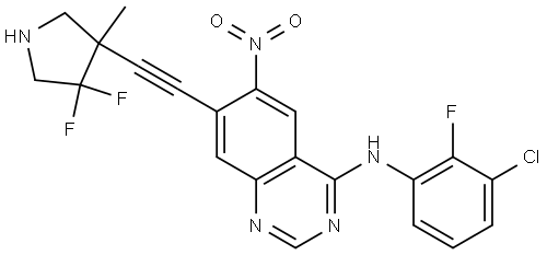 N-(3-chloro-2-fluorophenyl)-7-((4,4-difluoro-3-methylpyrrolidin-3-yl)ethynyl)-6-nitroquinazolin-4-amine Structure