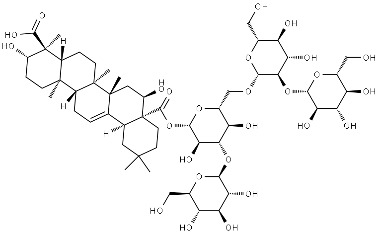 28-(O-β-D-Glucopyranosyl-(1→3)-O-[β-D-glucopyranosyl-(1→2)-O-β-D-glucopyranosyl-(1→6)]-β-D-glucopyranosyl) (3β,4α,16α)-3,16-dihydroxyolean-12-ene-23,28-dioate Struktur