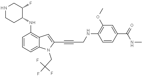 4-((3-(4-(((3S,4R)-3-fluoropiperidin-4-yl)amino)-1-(2,2,2-trifluoroethyl)-1H-indol-2-yl)prop-2-yn-1-yl)amino)-3-methoxy-N-methylbenzamide Struktur