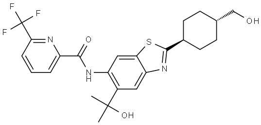 N-(2-(trans-4-(Hydroxymethyl)cyclohexyl)-5-(2-hydroxypropan-2-yl)benzo[d]thiazol-6-yl)-6-(trifluoromethyl)picolinamide Struktur