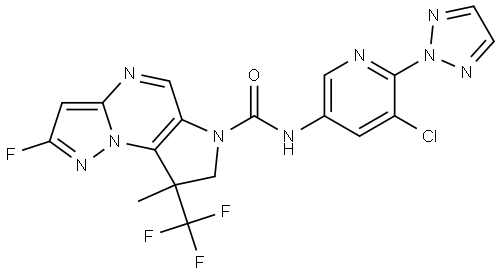 N-(5-chloro-6-(2H-1,2,3-triazol-2-yl)pyridin-3-yl)-2-fluoro-8-methyl-8-(trifluoromethyl)-7,8-dihydro-6H-pyrazolo[1,5-a]pyrrolo[2,3-e]pyrimidine-6-carboxamide Struktur