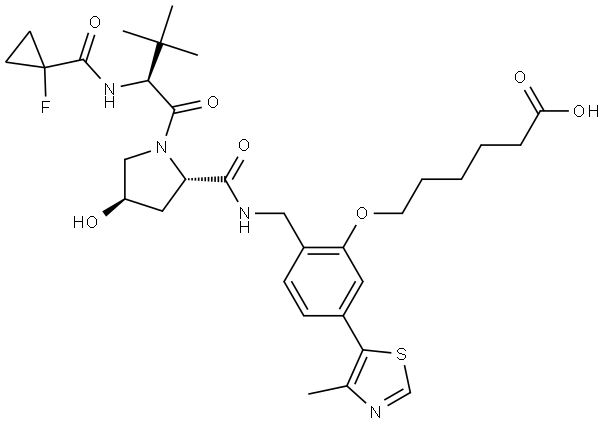 6-(2-(((2S,4R)-1-((S)-2-(1-fluorocyclopropane-1-carboxamido)-3,3-dimethylbutanoyl)-4-hydroxypyrrolidine-2-carboxamido)methyl)-5-(4-methylthiazol-5-yl)phenoxy)hexanoic acid Struktur