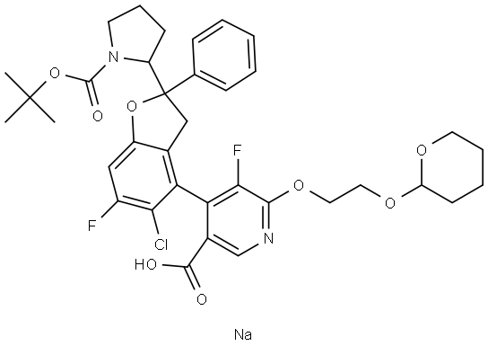 sodium 4-((2S)-2-((S)-1-(tert-butoxycarbonyl)pyrrolidin-2-yl)-5-chloro-6-fluoro-2-phenyl-2,3-dihydrobenzofuran-4-yl)-5-fluoro-6-(2-((tetrahydro-2H-pyran-2-yl)oxy)ethoxy)nicotinate Struktur