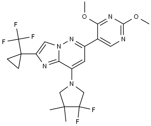 8-(3,3-difluoro-4,4-dimethylpyrrolidin-1-yl)-6-(2,4-dimethoxypyrimidin-5-yl)-2-(1-(trifluoromethyl)cyclopropyl)imidazo[1,2-b]pyridazine Struktur