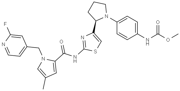 methyl N-[4-[(2R)-2-[2-[[1-[(2-fluoro-4-pyridyl)methyl]-4-methyl-pyrrole-2-carbonyl]amino]thiazol-4-yl]pyrrolidin-1-yl]phenyl]carbamate Struktur