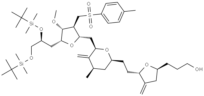 3-((2S,5S)-5-(2-((2S,4R,6R)-6-(((2S,3S,4R,5R)-5-((S)-2,3-bis((tert-butyldimethylsilyl)oxy)propyl)-4-methoxy-3-(tosylmethyl)tetrahydrofuran-2-yl)methyl)-4-methyl-5-methylenetetrahydro-2H-pyran-2-yl)ethyl)-4-methylenetetrahydrofuran-2-yl)propan-1-ol Struktur