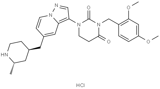 3-(2,4-dimethoxybenzyl)-1-(5-(((2S,4R)-2-methylpiperidin-4-yl)methyl)pyrazolo[1,5-a]pyridin-3-yl)dihydropyrimidine-2,4(1H,3H)-dione hydrochloride Struktur