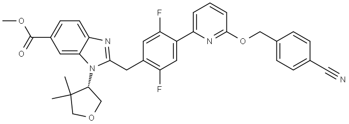 methyl 2-[(4-{6-[(4-cyanophenyl)methoxy]pyridin-2-yl}-2,5-difluorophenyl)methyl]-1-[(3S)-4,4-dimethyloxolan-3-yl]-1H-1,3-benzodiazole-6-carboxylate Structure