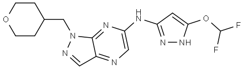 N-(5-(difluoromethoxy)-1H-pyrazol-3-yl)-1-((tetrahydro-2H-pyran-4-yl)methyl)-1H-pyrazolo[3,4-b]pyrazin-6-amine Struktur