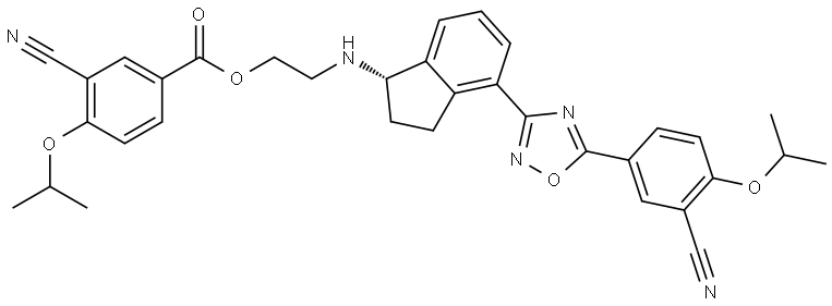 (S)-2-((4-(5-(3-cyano-4-isopropoxyphenyl)-1,2,4-oxadiazol-3-yl)-2,3-  dihydro-1H-inden-1-yl)amino)ethyl 3-cyano-4-isopropoxybenzoate Struktur