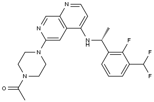 Ethanone, 1-[4-[4-[[(1R)-1-[3-(difluoromethyl)-2-fluorophenyl]ethyl]amino]-1,7-naphthyridin-6-yl]-1-piperazinyl]- Struktur