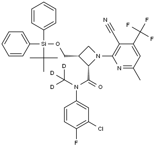 (2S,3R)-3-(((tert-butyldiphenylsilyl)oxy)methyl)-N-(3-chloro-4-fluorophenyl)-1-(3-cyano-6-methyl-4-(trifluoromethyl)pyridin-2-yl)-N-(methyl-d3)azetidine-2-carboxamide Struktur