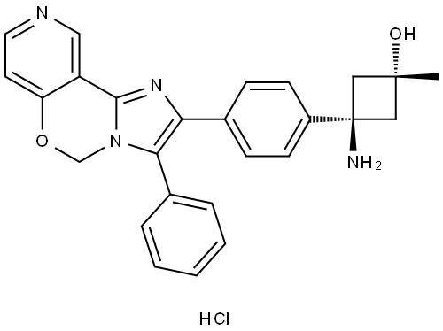 Cyclobutanol, 3-amino-1-methyl-3-[4-(3-phenyl-5H-imidazo[1,2-c]pyrido[3,4-e][1,3]oxazin-2-yl)phenyl]-, hydrochloride (1:1), trans- Struktur