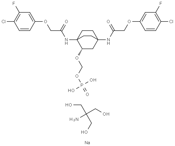 Acetamide, N,N′-[(2S)-2-[(phosphonooxy)methoxy]bicyclo[2.2.2]octane-1,4-diyl]bis[2-(4-chloro-3-fluorophenoxy)-, compd. with 2-amino-2-(hydroxymethyl)-1,3-propanediol, sodium salt (1:1:1) Struktur