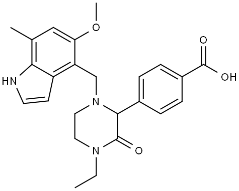 4-(4-ethyl-1-((5-methoxy-7-methyl-1H-indol-4-yl)methyl)-3-oxopiperazin-2-yl)benzoic acid Struktur