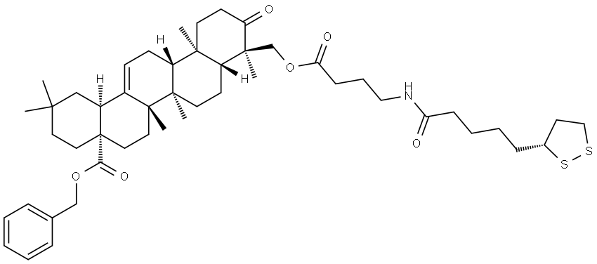 Olean-12-en-28-oic acid, 23-[4-[[5-(3R)-1,2-dithiolan-3-yl-1-oxopentyl]amino]-1-oxobutoxy]-3-oxo-, phenylmethyl ester, (4α)- Struktur