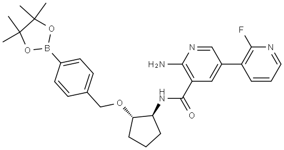 6-amino-2'-fluoro-N-[(1S,2S)-2-{[4-(4,4,5,5-tetramethyl-1,3,2-dioxaborolan-2- yl)phenyl]methoxy}cyclopentyl][3,3'-bipyridine]-5-carboxamide Struktur