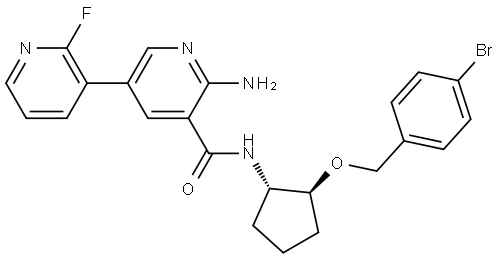 6-amino-N-{(1S,2S)-2-[(4-bromophenyl)methoxy]cyclopentyl}-2'-fluoro[3,3'-bipyridine]-5- carboxamide Struktur