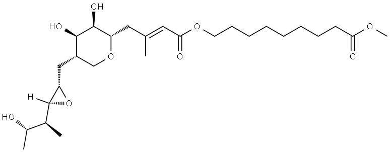 L-talo-Non-2-enonic acid, 5,9-anhydro-2,3,4,8-tetradeoxy-8-[[(2S,3S)-3-[(1S,2S)-2-hydroxy-1-methylpropyl]-2-oxiranyl]methyl]-3-methyl-, 9-methoxy-9-oxononyl ester, (2E)- Struktur