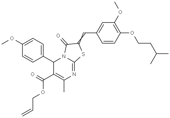 ALLYL (2E)-2-[4-(ISOPENTYLOXY)-3-METHOXYBENZYLIDENE]-5-(4-METHOXYPHENYL)-7-METHYL-3-OXO-2,3-DIHYDRO-5H-[1,3]THIAZOLO[3,2-A]PYRIMIDINE-6-CARBOXYLATE Structure