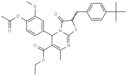 ETHYL (2E)-5-[4-(ACETYLOXY)-3-METHOXYPHENYL]-2-(4-TERT-BUTYLBENZYLIDENE)-7-METHYL-3-OXO-2,3-DIHYDRO-5H-[1,3]THIAZOLO[3,2-A]PYRIMIDINE-6-CARBOXYLATE Struktur