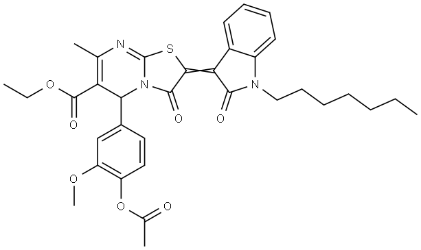 ETHYL (2Z)-5-[4-(ACETYLOXY)-3-METHOXYPHENYL]-2-(1-HEPTYL-2-OXO-1,2-DIHYDRO-3H-INDOL-3-YLIDENE)-7-METHYL-3-OXO-2,3-DIHYDRO-5H-[1,3]THIAZOLO[3,2-A]PYRIMIDINE-6-CARBOXYLATE Struktur