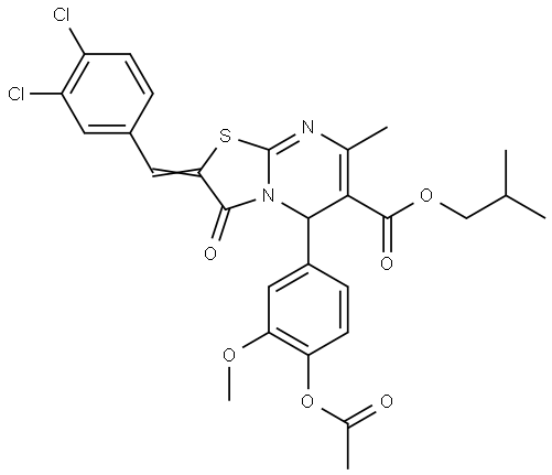 ISOBUTYL (2E)-5-[4-(ACETYLOXY)-3-METHOXYPHENYL]-2-(3,4-DICHLOROBENZYLIDENE)-7-METHYL-3-OXO-2,3-DIHYDRO-5H-[1,3]THIAZOLO[3,2-A]PYRIMIDINE-6-CARBOXYLATE Struktur