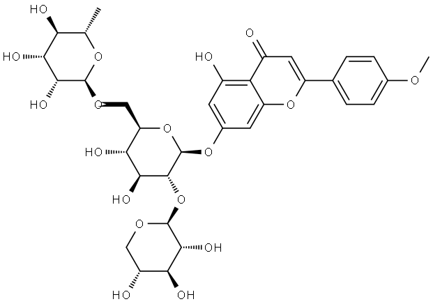 4H-1-Benzopyran-4-one, 7-[(O-6-deoxy-α-L-mannopyranosyl-(1→6)-O-[β-D-xylopyranosyl-(1→2)]-β-D-glucopyranosyl)oxy]-5-hydroxy-2-(4-methoxyphenyl)- Struktur