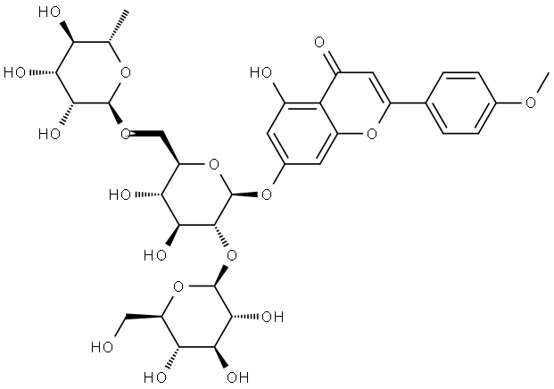 4H-1-Benzopyran-4-one, 7-[(O-6-deoxy-α-L-mannopyranosyl-(1→6)-O-[β-D-glucopyranosyl-(1→2)]-β-D-glucopyranosyl)oxy]-5-hydroxy-2-(4-methoxyphenyl)- Struktur