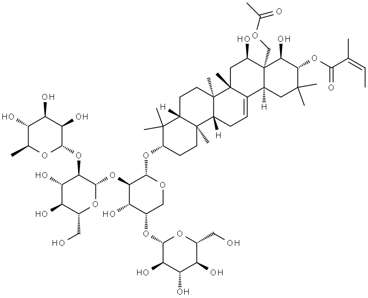 Olean-12-ene-16,21,22,28-tetrol, 3-[(O-6-deoxy-α-L-mannopyranosyl-(1→2)-O-β-D-glucopyranosyl-(1→2)-O-[β-D-glucopyranosyl-(1→4)]-α-L-arabinopyranosyl)oxy]-, 28-acetate 21-[(2Z)-2-methyl-2-butenoate], (3β,16α,21β,22α)- Structure