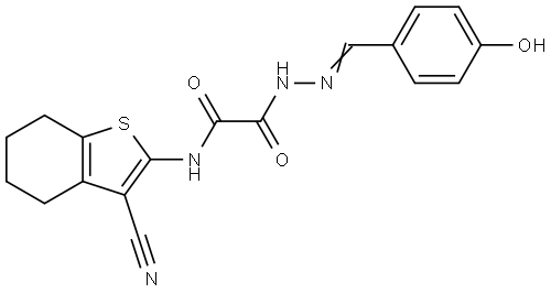 N-(3-CYANO-4,5,6,7-TETRAHYDRO-1-BENZOTHIEN-2-YL)-2-[(2E)-2-(4-HYDROXYBENZYLIDENE)HYDRAZINO]-2-OXOACETAMIDE Struktur