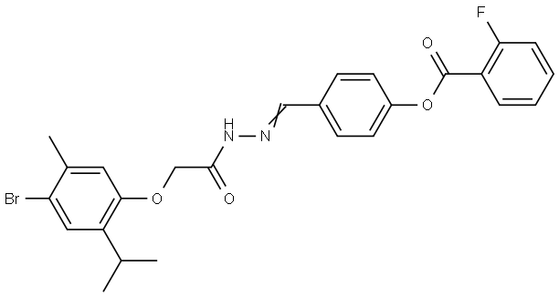 4-(2-((4-BR-2-ISOPROPYL-5-METHYLPHENOXY)AC)CARBOHYDRAZONOYL)PH 2-FLUOROBENZOATE Struktur