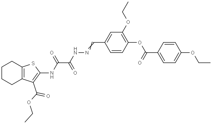 ETHYL 2-{[((2E)-2-{3-ETHOXY-4-[(4-ETHOXYBENZOYL)OXY]BENZYLIDENE}HYDRAZINO)(OXO)ACETYL]AMINO}-4,5,6,7-TETRAHYDRO-1-BENZOTHIOPHENE-3-CARBOXYLATE Struktur