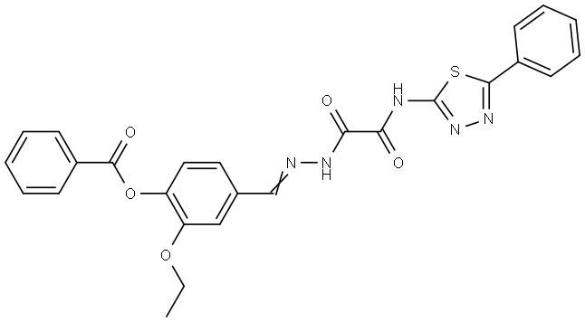 2-ETHOXY-4-[(E)-({OXO[(5-PHENYL-1,3,4-THIADIAZOL-2-YL)AMINO]ACETYL}HYDRAZONO)METHYL]PHENYL BENZOATE Struktur