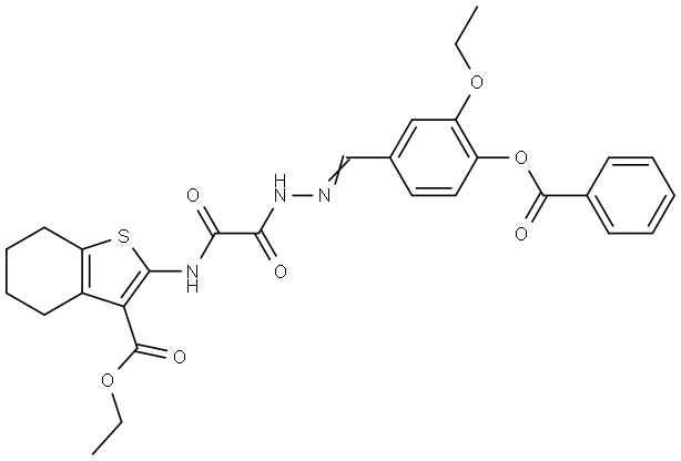 ETHYL 2-{[{(2E)-2-[4-(BENZOYLOXY)-3-ETHOXYBENZYLIDENE]HYDRAZINO}(OXO)ACETYL]AMINO}-4,5,6,7-TETRAHYDRO-1-BENZOTHIOPHENE-3-CARBOXYLATE Struktur