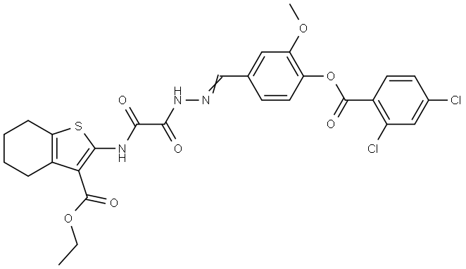 ETHYL 2-{[((2E)-2-{4-[(2,4-DICHLOROBENZOYL)OXY]-3-METHOXYBENZYLIDENE}HYDRAZINO)(OXO)ACETYL]AMINO}-4,5,6,7-TETRAHYDRO-1-BENZOTHIOPHENE-3-CARBOXYLATE Struktur