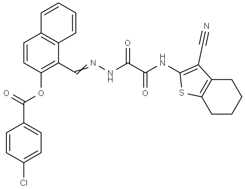 1-[(E)-(2-{2-[(3-CYANO-4,5,6,7-TETRAHYDRO-1-BENZOTHIEN-2-YL)AMINO]-2-OXOACETYL}HYDRAZONO)METHYL]-2-NAPHTHYL 4-CHLOROBENZOATE Struktur